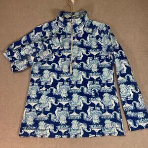 Lilly Pulitzer Elephant Print Pullover Women’s Blue 1/4 Zip Long Sleeve Top